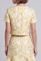 Laden Sie das Bild in den Galerie-Viewer, Hellgelbes Rundhals Bodycon Floral Kurzes Arbeitskleid mit Rüschen