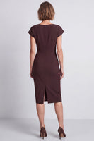 Laden Sie das Bild in den Galerie-Viewer, Brauner Bodycon Geraffter Rundhalsiger Kappenärmel Midi Arbeitskleid mit Schlitz