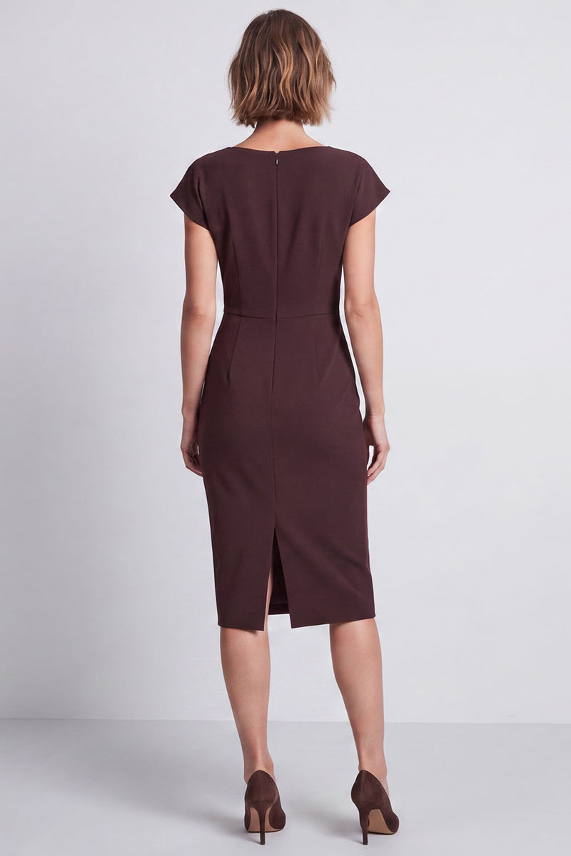 Laden Sie das Bild in den Galerie-Viewer, Brauner Bodycon Geraffter Rundhalsiger Kappenärmel Midi Arbeitskleid mit Schlitz