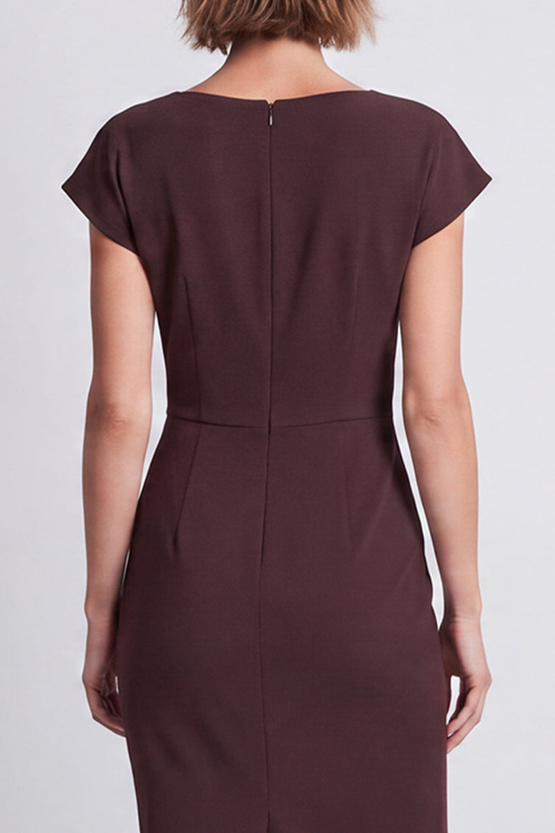 Laden Sie das Bild in den Galerie-Viewer, Brauner Bodycon Geraffter Rundhalsiger Kappenärmel Midi Arbeitskleid mit Schlitz