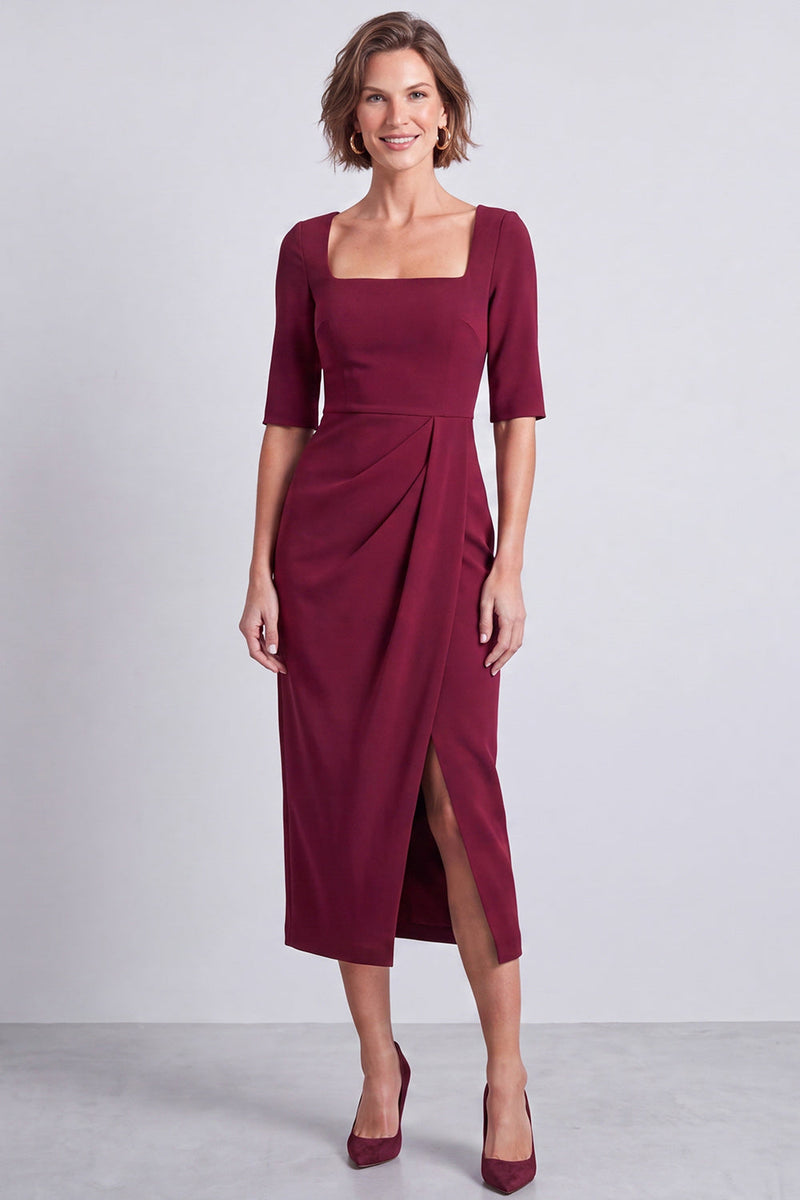 Laden Sie das Bild in den Galerie-Viewer, Marineblaues Quadratisches Halsausschnitt Bodycon Halbärmel Midi Arbeitskleid mit Schlitz