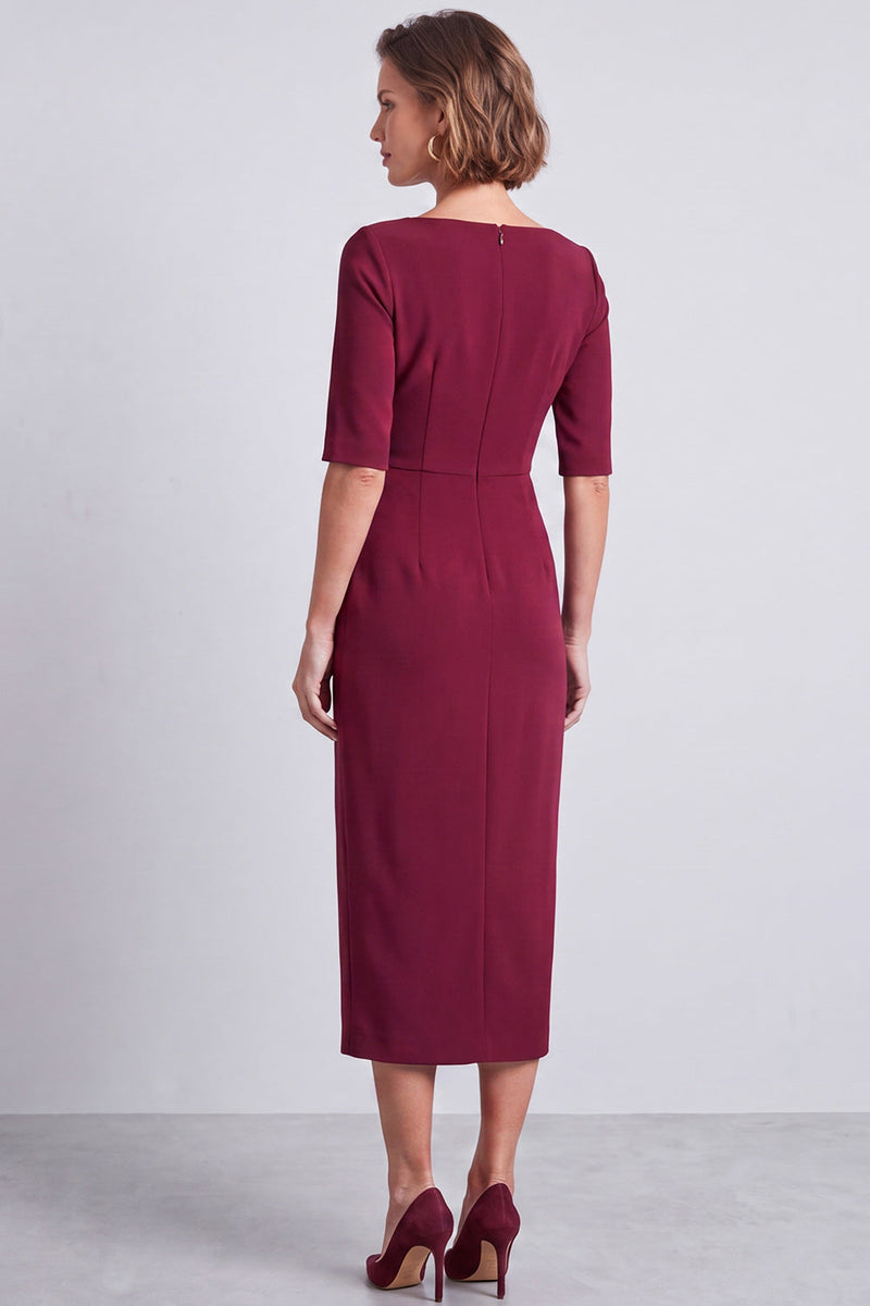 Laden Sie das Bild in den Galerie-Viewer, Marineblaues Quadratisches Halsausschnitt Bodycon Halbärmel Midi Arbeitskleid mit Schlitz