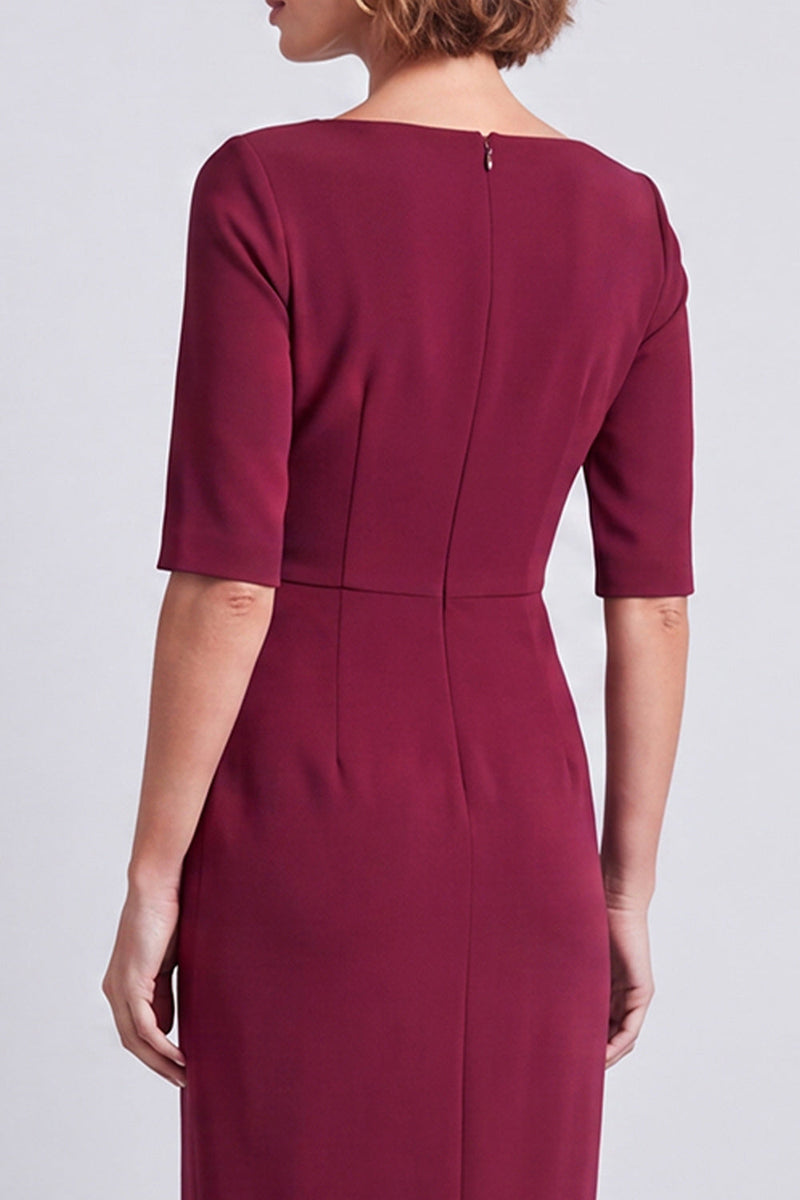 Laden Sie das Bild in den Galerie-Viewer, Marineblaues Quadratisches Halsausschnitt Bodycon Halbärmel Midi Arbeitskleid mit Schlitz