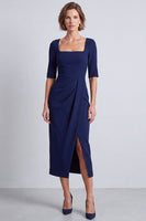 Laden Sie das Bild in den Galerie-Viewer, Marineblaues Quadratisches Halsausschnitt Bodycon Halbärmel Midi Arbeitskleid mit Schlitz