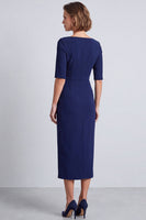 Laden Sie das Bild in den Galerie-Viewer, Marineblaues Quadratisches Halsausschnitt Bodycon Halbärmel Midi Arbeitskleid mit Schlitz