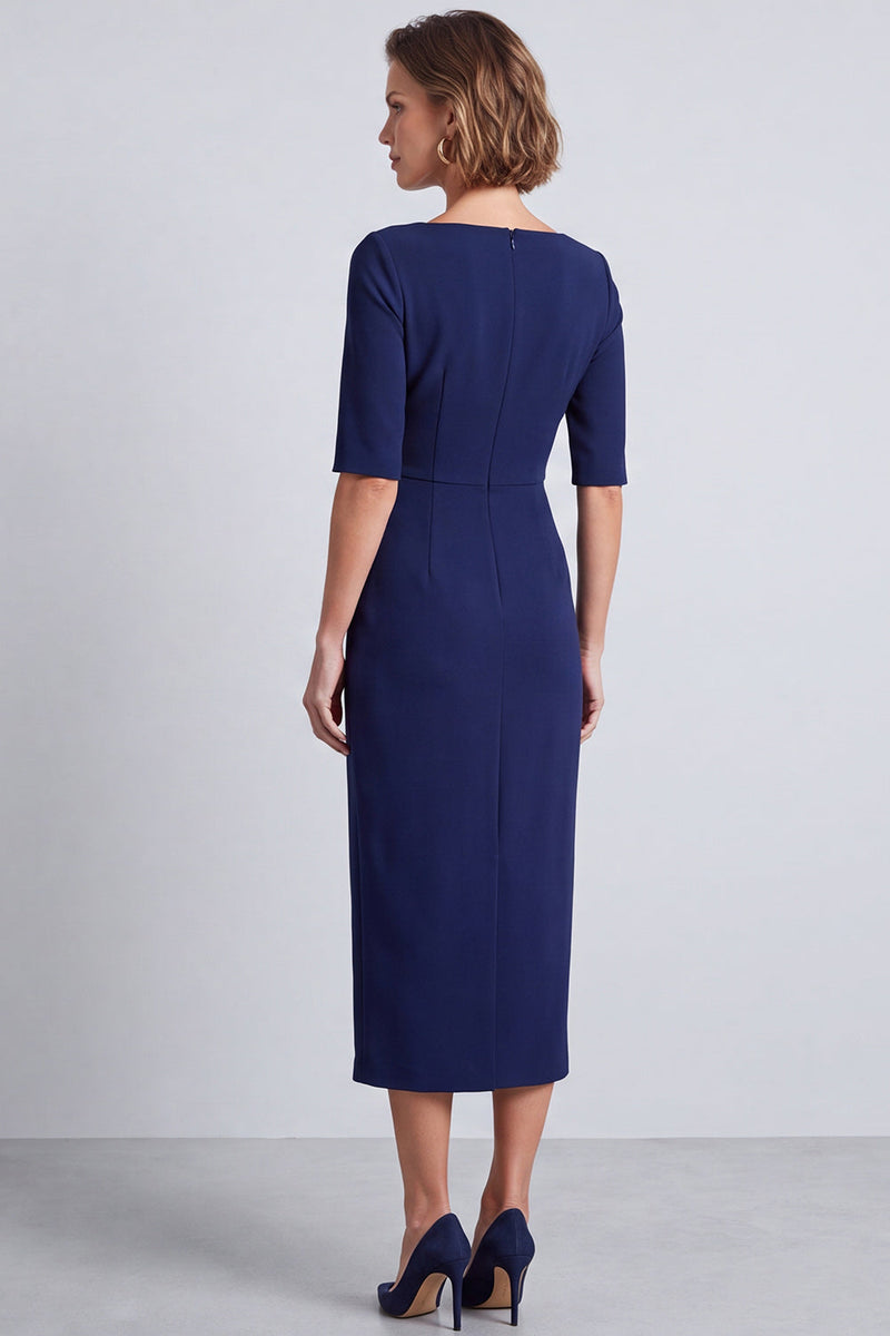 Laden Sie das Bild in den Galerie-Viewer, Marineblaues Quadratisches Halsausschnitt Bodycon Halbärmel Midi Arbeitskleid mit Schlitz