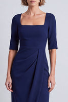 Laden Sie das Bild in den Galerie-Viewer, Marineblaues Quadratisches Halsausschnitt Bodycon Halbärmel Midi Arbeitskleid mit Schlitz