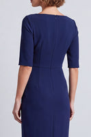 Laden Sie das Bild in den Galerie-Viewer, Marineblaues Quadratisches Halsausschnitt Bodycon Halbärmel Midi Arbeitskleid mit Schlitz