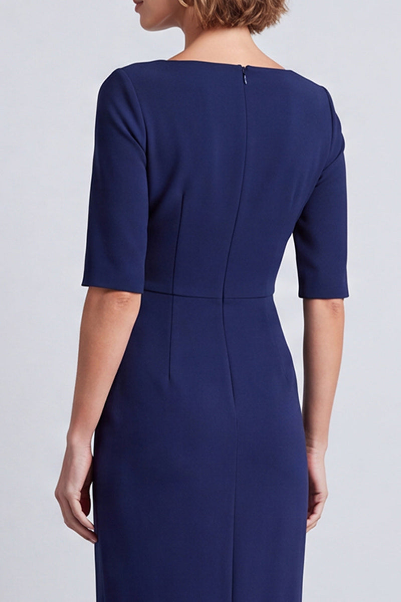Laden Sie das Bild in den Galerie-Viewer, Marineblaues Quadratisches Halsausschnitt Bodycon Halbärmel Midi Arbeitskleid mit Schlitz