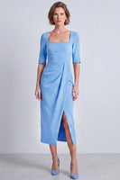 Laden Sie das Bild in den Galerie-Viewer, Marineblaues Quadratisches Halsausschnitt Bodycon Halbärmel Midi Arbeitskleid mit Schlitz