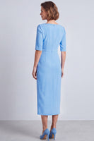 Laden Sie das Bild in den Galerie-Viewer, Marineblaues Quadratisches Halsausschnitt Bodycon Halbärmel Midi Arbeitskleid mit Schlitz