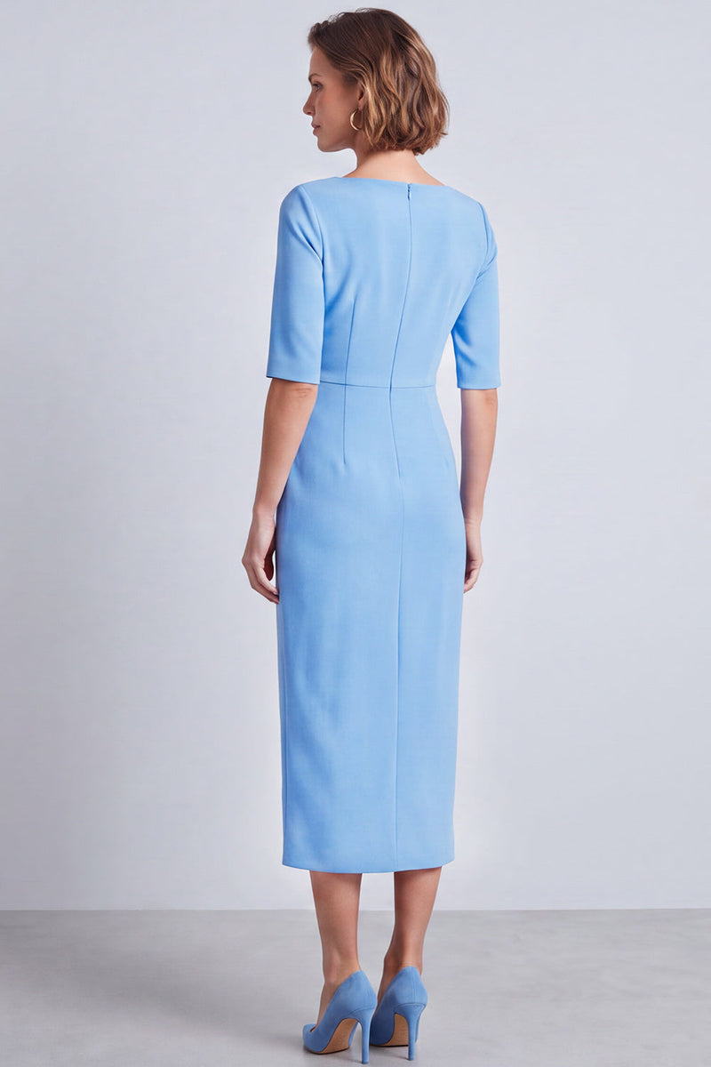 Laden Sie das Bild in den Galerie-Viewer, Marineblaues Quadratisches Halsausschnitt Bodycon Halbärmel Midi Arbeitskleid mit Schlitz