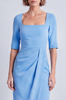 Laden Sie das Bild in den Galerie-Viewer, Marineblaues Quadratisches Halsausschnitt Bodycon Halbärmel Midi Arbeitskleid mit Schlitz