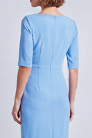 Laden Sie das Bild in den Galerie-Viewer, Marineblaues Quadratisches Halsausschnitt Bodycon Halbärmel Midi Arbeitskleid mit Schlitz