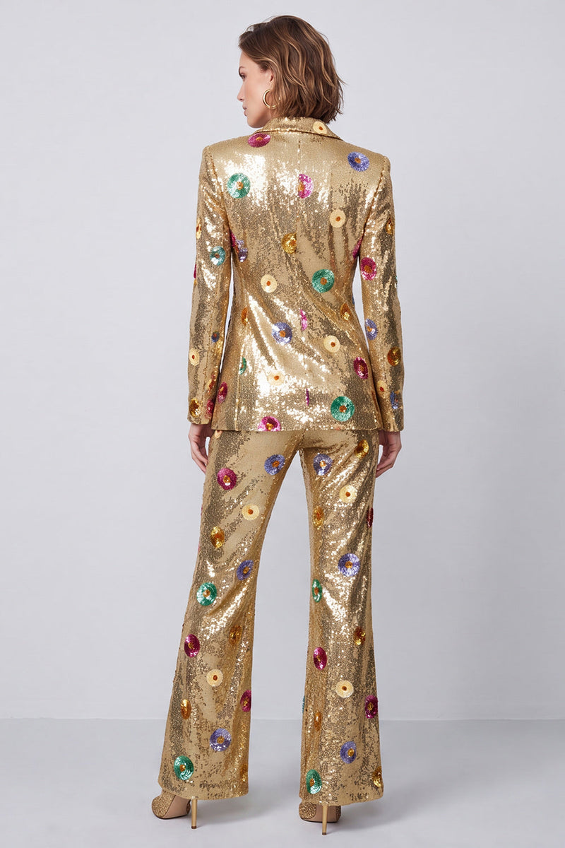 Laden Sie das Bild in den Galerie-Viewer, Glitzernde 2-teilige Gold-Peak-Revers Pailletten Ein-Knopf Abschlussballanzüge
