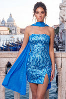 Laden Sie das Bild in den Galerie-Viewer, Goldene Trägerloses Pailletten Bodycon Kurzes Abendkleid mit Schlitz