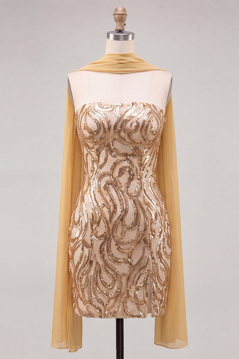 Laden Sie das Bild in den Galerie-Viewer, Goldene Trägerloses Pailletten Bodycon Kurzes Abendkleid mit Schlitz