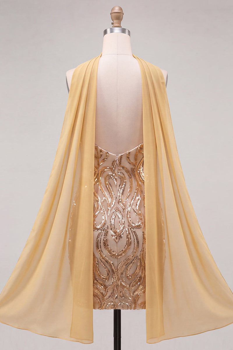 Laden Sie das Bild in den Galerie-Viewer, Goldene Trägerloses Pailletten Bodycon Kurzes Abendkleid mit Schlitz