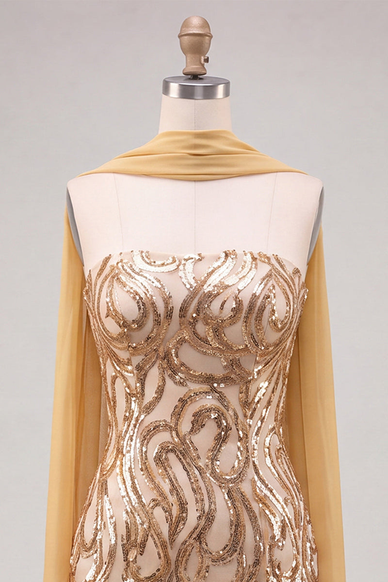 Laden Sie das Bild in den Galerie-Viewer, Goldene Trägerloses Pailletten Bodycon Kurzes Abendkleid mit Schlitz