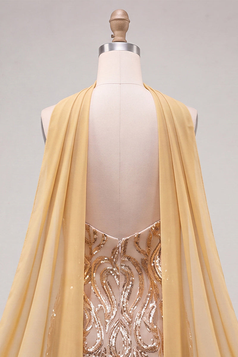Laden Sie das Bild in den Galerie-Viewer, Goldene Trägerloses Pailletten Bodycon Kurzes Abendkleid mit Schlitz