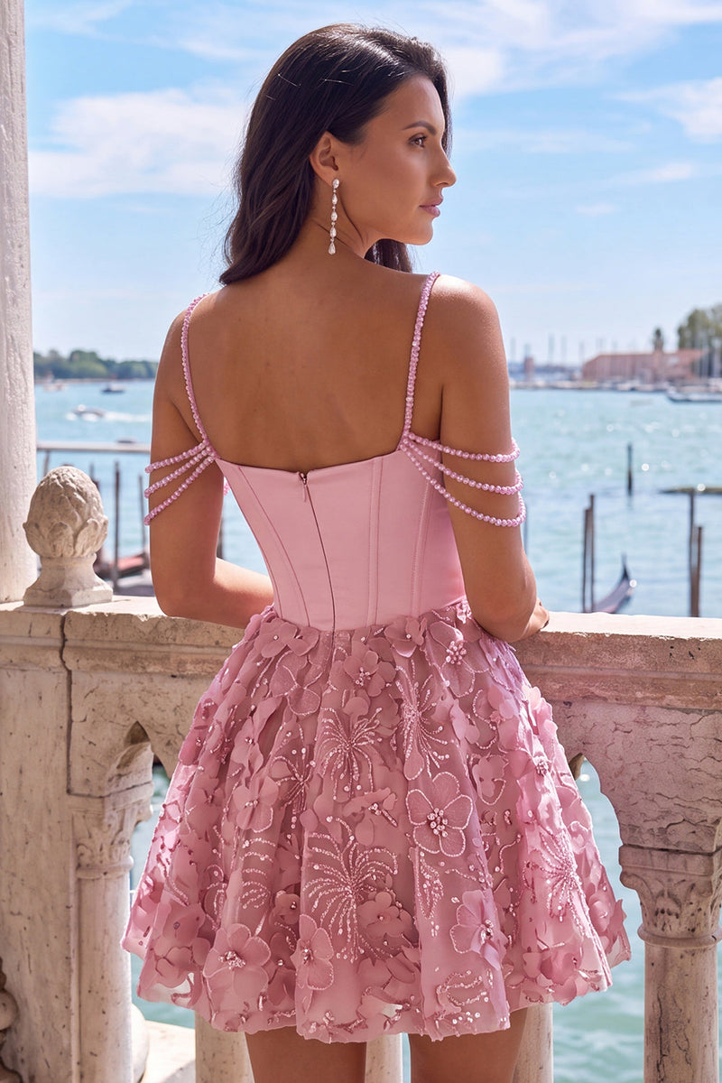 Laden Sie das Bild in den Galerie-Viewer, Gelbes Korsett Gerafftes Florale Spaghettiträger A-Linie Kurzes Abendkleid mit Perlenbesatz