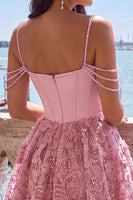 Laden Sie das Bild in den Galerie-Viewer, Gelbes Korsett Gerafftes Florale Spaghettiträger A-Linie Kurzes Abendkleid mit Perlenbesatz