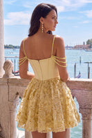 Laden Sie das Bild in den Galerie-Viewer, Gelbes Korsett Gerafftes Florale Spaghettiträger A-Linie Kurzes Abendkleid mit Perlenbesatz