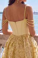 Laden Sie das Bild in den Galerie-Viewer, Gelbes Korsett Gerafftes Florale Spaghettiträger A-Linie Kurzes Abendkleid mit Perlenbesatz
