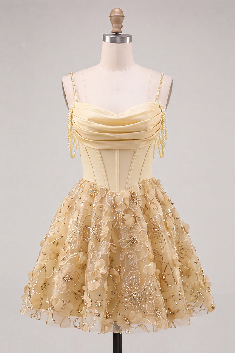 Laden Sie das Bild in den Galerie-Viewer, Gelbes Korsett Gerafftes Florale Spaghettiträger A-Linie Kurzes Abendkleid mit Perlenbesatz