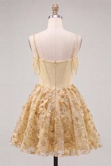 Gelbes Korsett Gerafftes Florale Spaghettiträger A-Linie Kurzes Abendkleid mit Perlenbesatz
