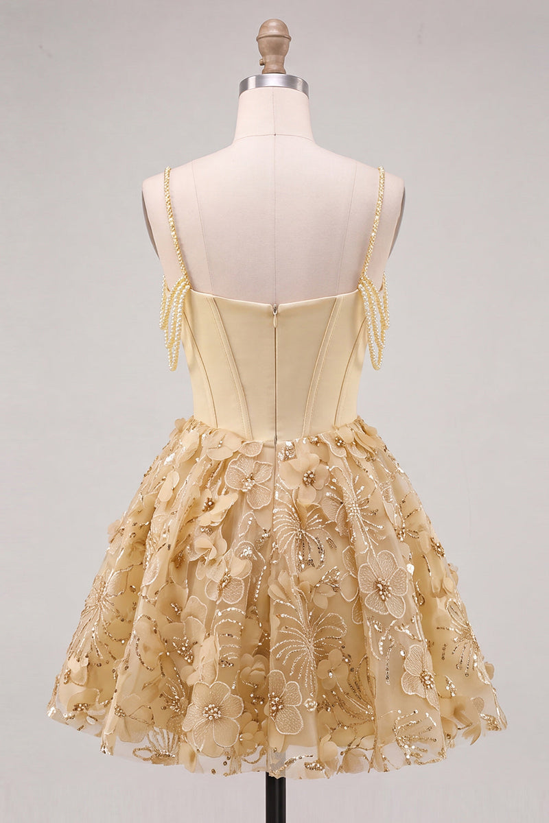 Laden Sie das Bild in den Galerie-Viewer, Gelbes Korsett Gerafftes Florale Spaghettiträger A-Linie Kurzes Abendkleid mit Perlenbesatz