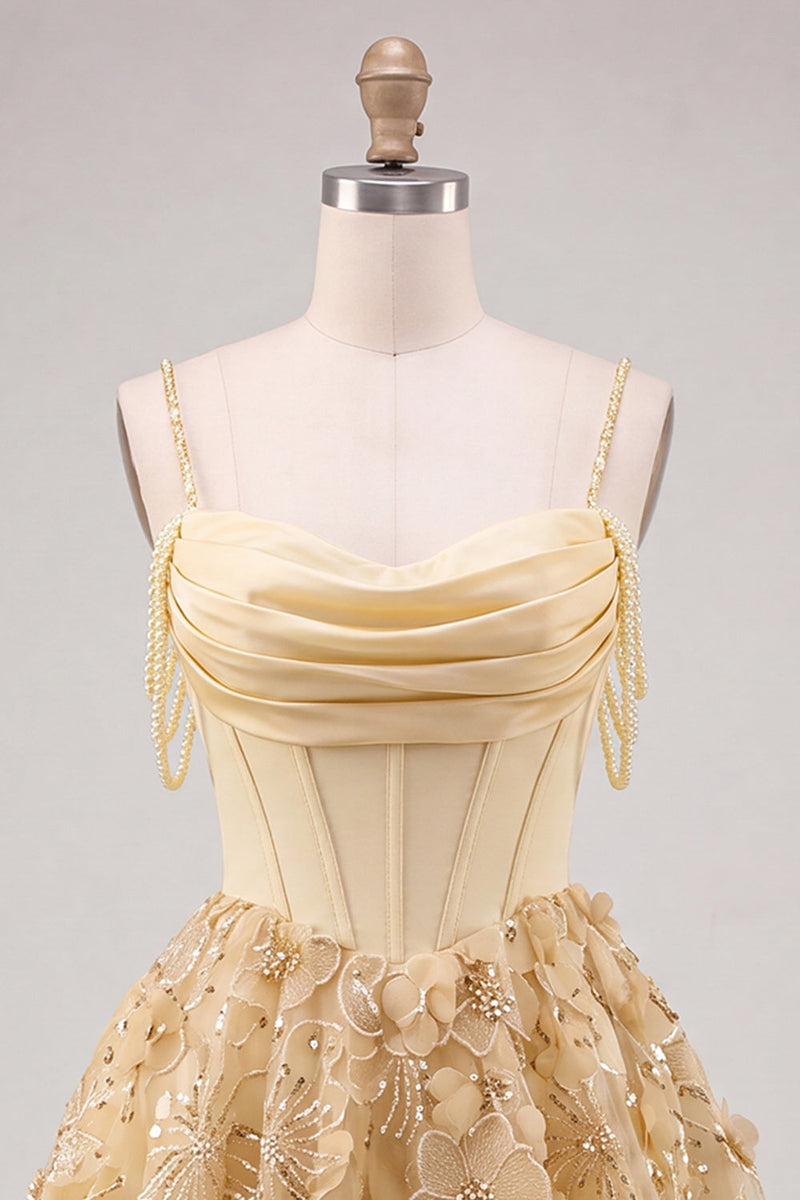 Laden Sie das Bild in den Galerie-Viewer, Gelbes Korsett Gerafftes Florale Spaghettiträger A-Linie Kurzes Abendkleid mit Perlenbesatz