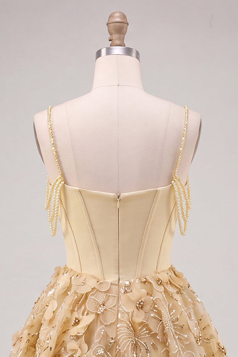 Laden Sie das Bild in den Galerie-Viewer, Gelbes Korsett Gerafftes Florale Spaghettiträger A-Linie Kurzes Abendkleid mit Perlenbesatz