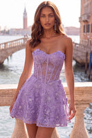 Laden Sie das Bild in den Galerie-Viewer, Rosa Transparentes Korsett Blumen A-Linie Sweetheart Rückenschnürung Kurzes Abendkleid mit Strass