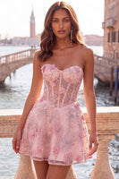 Laden Sie das Bild in den Galerie-Viewer, Rosa Transparentes Korsett Blumen A-Linie Sweetheart Rückenschnürung Kurzes Abendkleid mit Strass