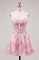 Laden Sie das Bild in den Galerie-Viewer, Rosa Transparentes Korsett Blumen A-Linie Sweetheart Rückenschnürung Kurzes Abendkleid mit Strass