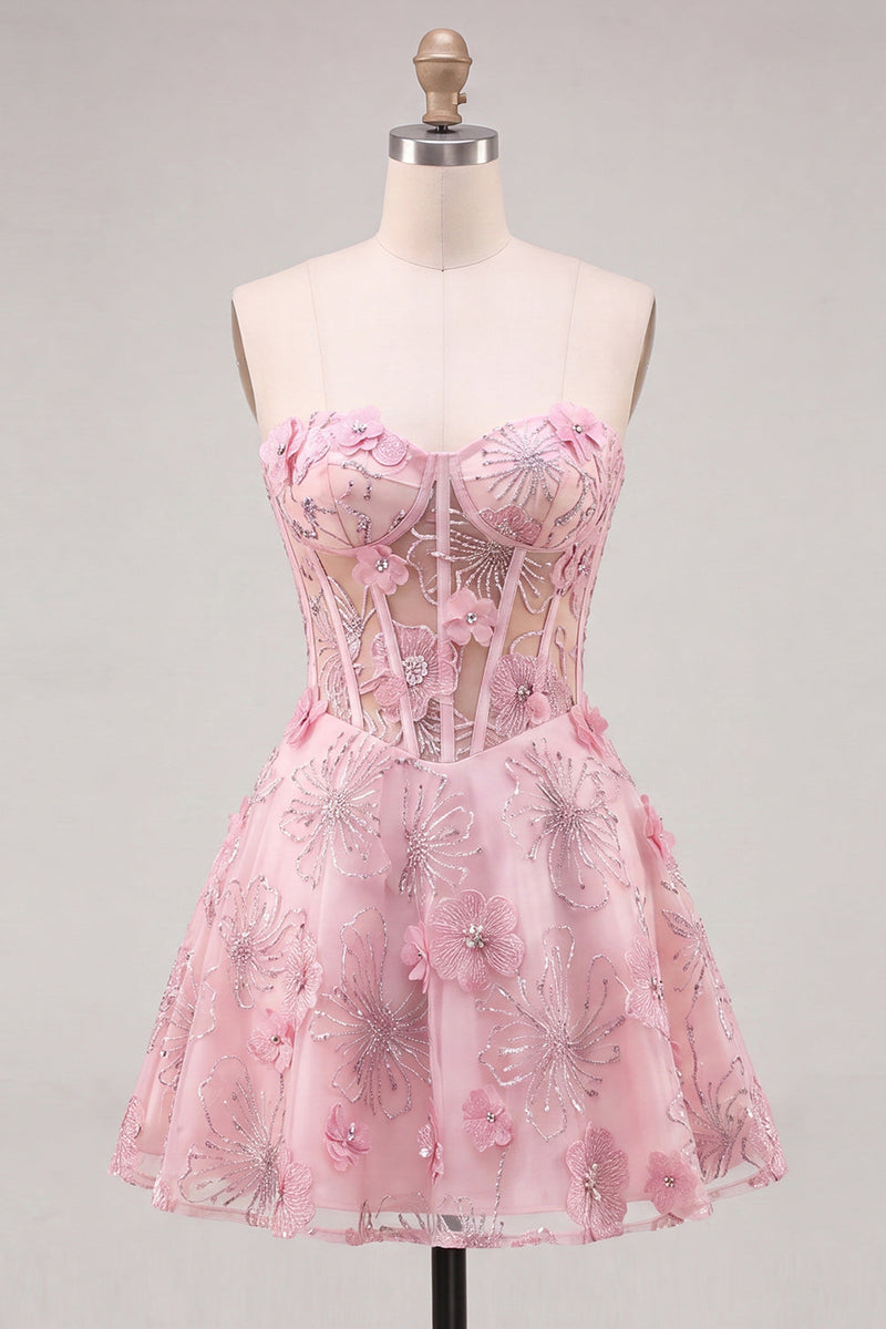 Laden Sie das Bild in den Galerie-Viewer, Rosa Transparentes Korsett Blumen A-Linie Sweetheart Rückenschnürung Kurzes Abendkleid mit Strass