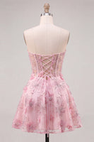 Laden Sie das Bild in den Galerie-Viewer, Rosa Transparentes Korsett Blumen A-Linie Sweetheart Rückenschnürung Kurzes Abendkleid mit Strass