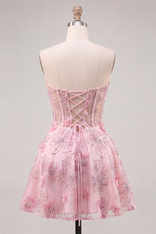 Rosa Transparentes Korsett Blumen A-Linie Sweetheart Rückenschnürung Kurzes Abendkleid mit Strass