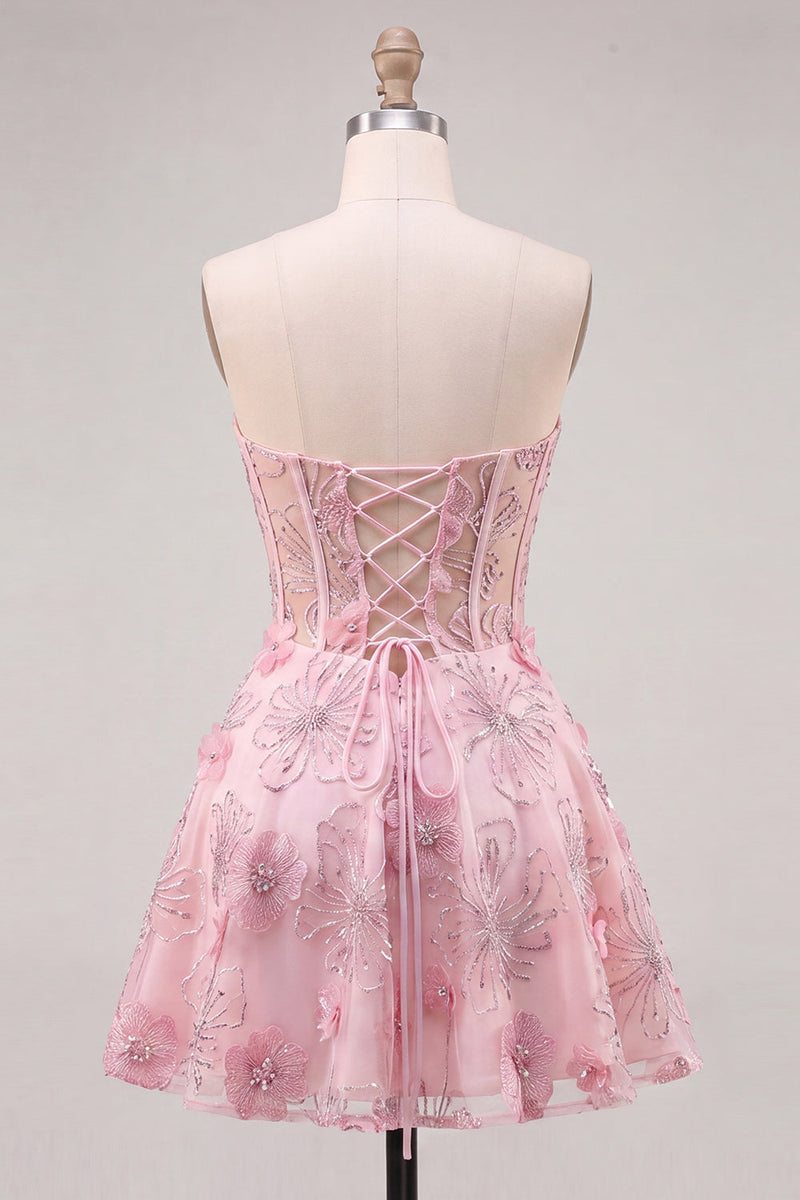 Laden Sie das Bild in den Galerie-Viewer, Rosa Transparentes Korsett Blumen A-Linie Sweetheart Rückenschnürung Kurzes Abendkleid mit Strass