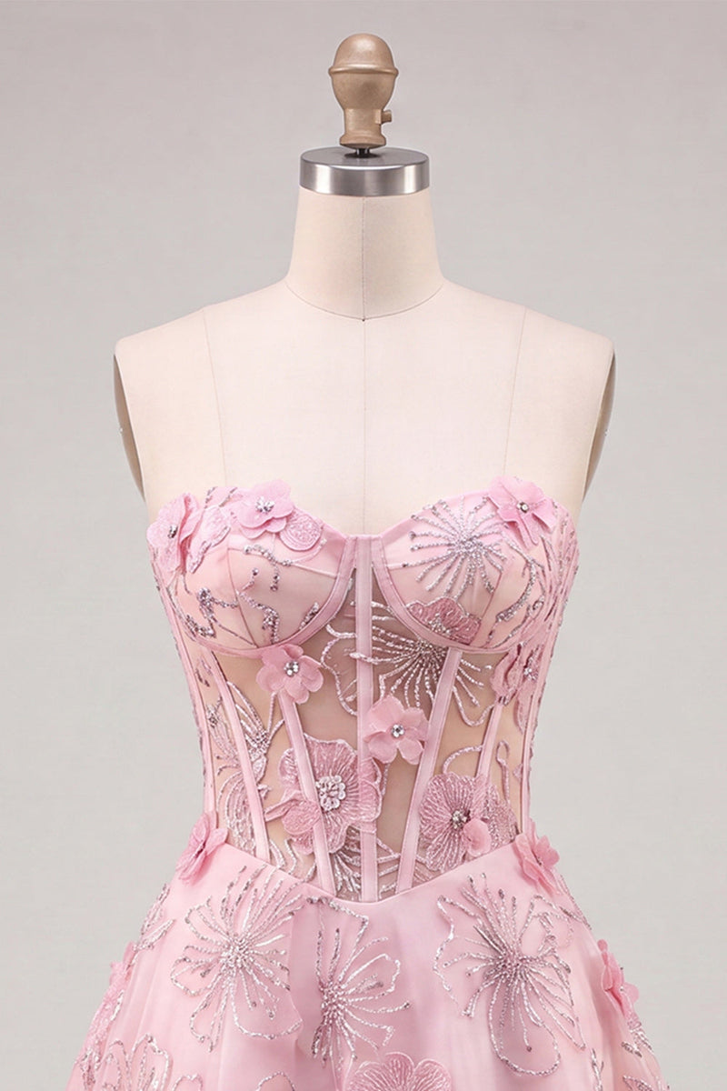 Laden Sie das Bild in den Galerie-Viewer, Rosa Transparentes Korsett Blumen A-Linie Sweetheart Rückenschnürung Kurzes Abendkleid mit Strass