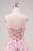Laden Sie das Bild in den Galerie-Viewer, Rosa Transparentes Korsett Blumen A-Linie Sweetheart Rückenschnürung Kurzes Abendkleid mit Strass