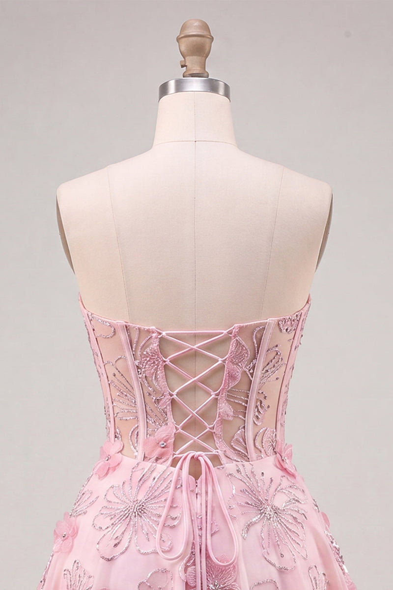 Laden Sie das Bild in den Galerie-Viewer, Rosa Transparentes Korsett Blumen A-Linie Sweetheart Rückenschnürung Kurzes Abendkleid mit Strass