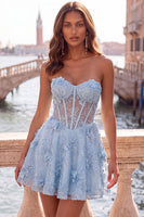 Laden Sie das Bild in den Galerie-Viewer, Rosa Transparentes Korsett Blumen A-Linie Sweetheart Rückenschnürung Kurzes Abendkleid mit Strass