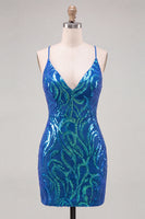 Laden Sie das Bild in den Galerie-Viewer, Dunkelblaues Pailletten Bodycon Spaghetti-Träger Kurzes Abendkleid mit Schnürung hinten