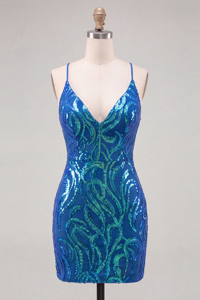 Laden Sie das Bild in den Galerie-Viewer, Dunkelblaues Pailletten Bodycon Spaghetti-Träger Kurzes Abendkleid mit Schnürung hinten