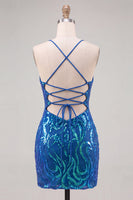 Laden Sie das Bild in den Galerie-Viewer, Dunkelblaues Pailletten Bodycon Spaghetti-Träger Kurzes Abendkleid mit Schnürung hinten