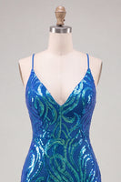 Laden Sie das Bild in den Galerie-Viewer, Dunkelblaues Pailletten Bodycon Spaghetti-Träger Kurzes Abendkleid mit Schnürung hinten