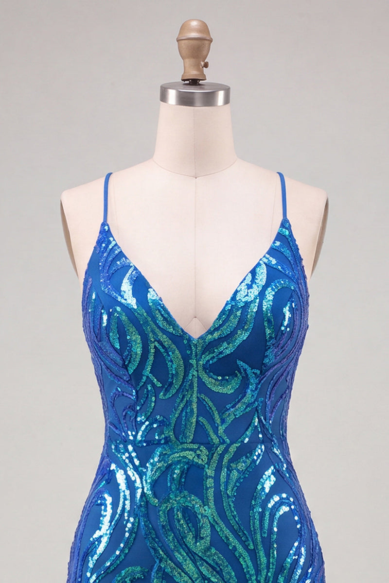 Laden Sie das Bild in den Galerie-Viewer, Dunkelblaues Pailletten Bodycon Spaghetti-Träger Kurzes Abendkleid mit Schnürung hinten