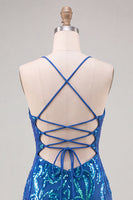 Laden Sie das Bild in den Galerie-Viewer, Dunkelblaues Pailletten Bodycon Spaghetti-Träger Kurzes Abendkleid mit Schnürung hinten